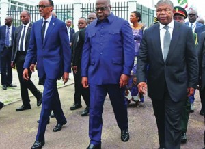 João Lourenço, Félix Tshisekedi e Paul Kagame estiveram reunidos em Kinshasa em Maio Fotografia: DR  