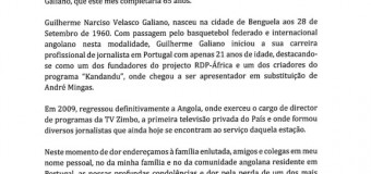 Nota de condolências e programa da cerimónia fúnebre de Guilherme Galiano